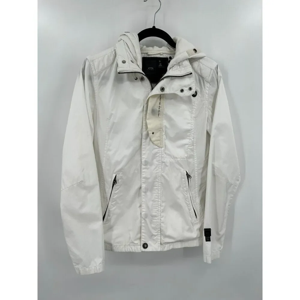 G-STAR Men's White Ross Hooded Overshirt Jacket Full Zip Button Up Size Small